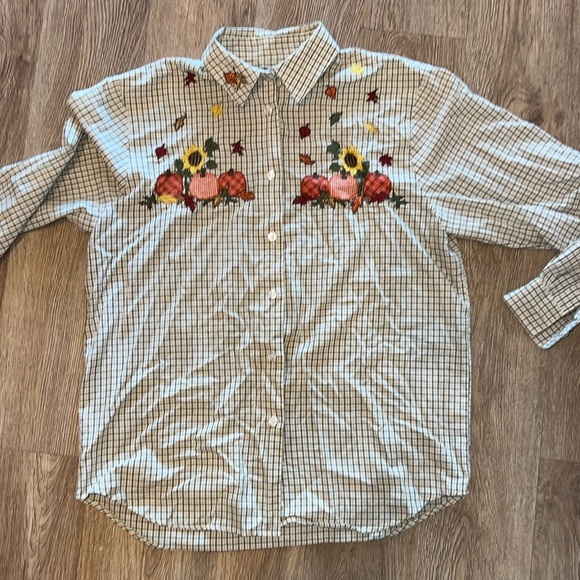 Vintage Pumpkin Patch Sunflower Fall Harvest Embroidered Button Front Shirt S 🌻 - Picture 3 of 11